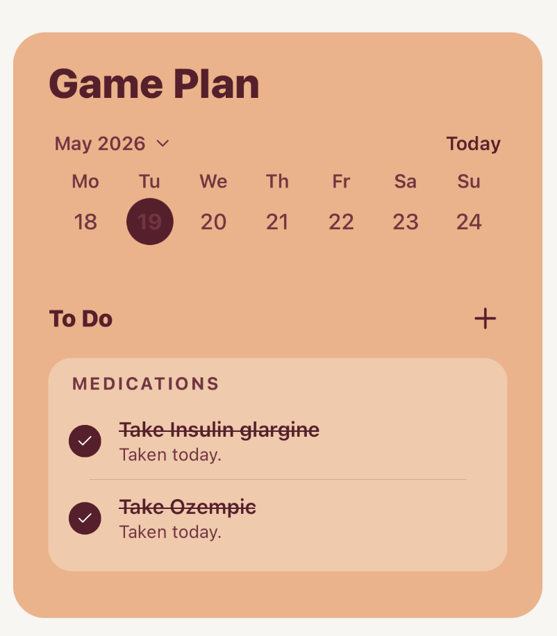 Elena Game Plan view showing completed medication tasks and progress