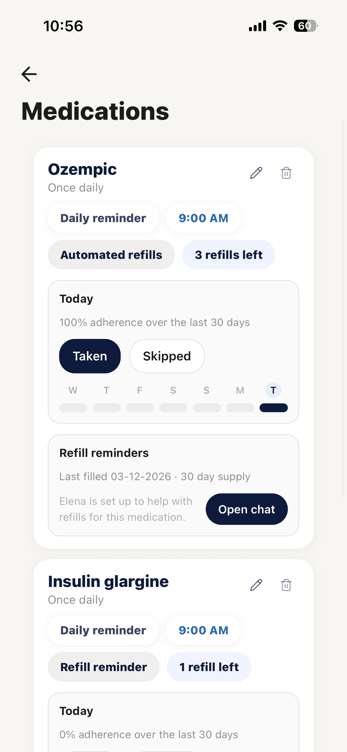 Elena medication detail view showing refill timing, adherence, and reminders for a medication