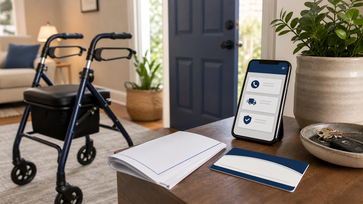 A rollator walker, care paperwork, and phone arranged in a home entryway.