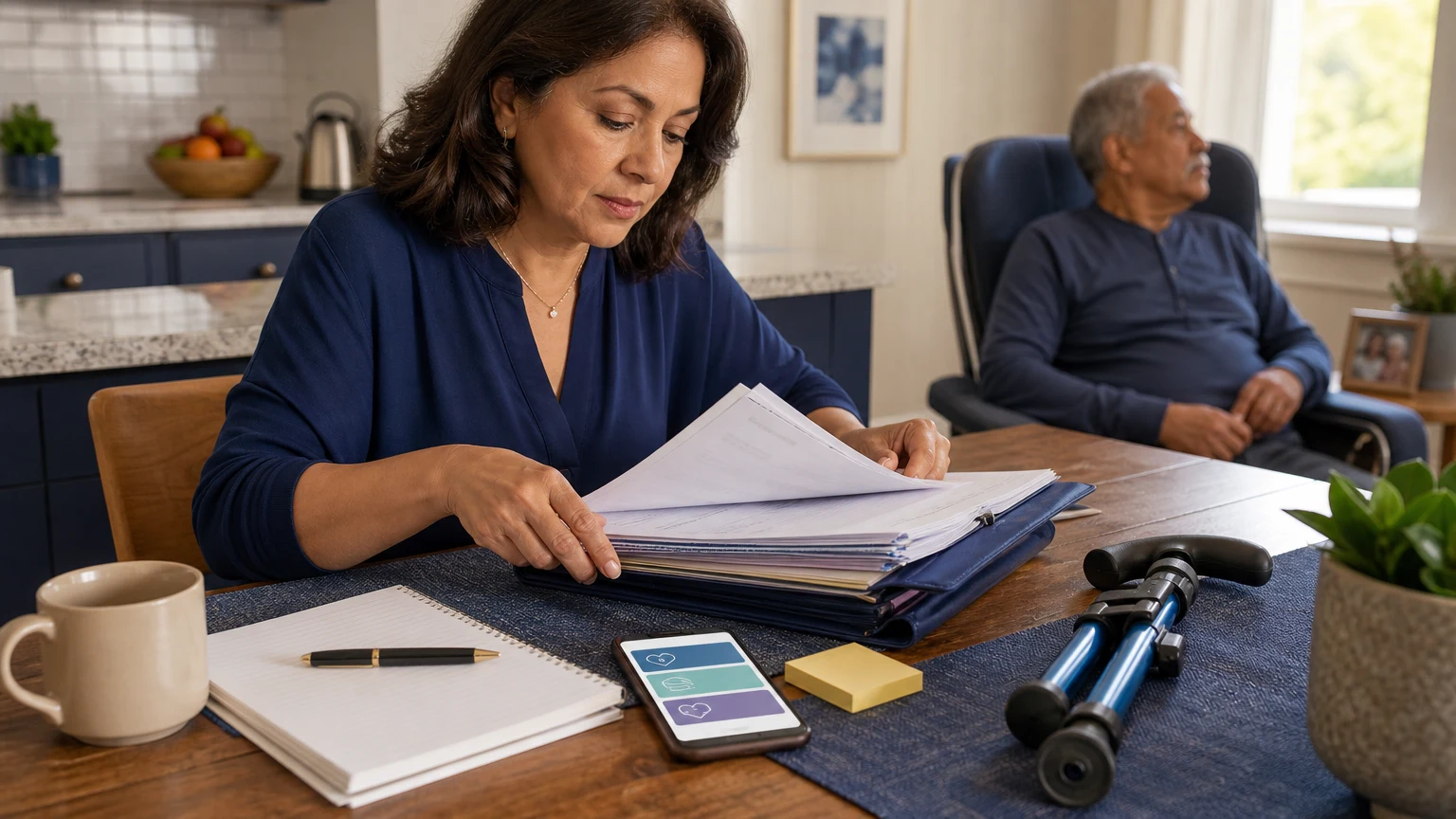 A caregiver organizing medical equipment paperwork at home.