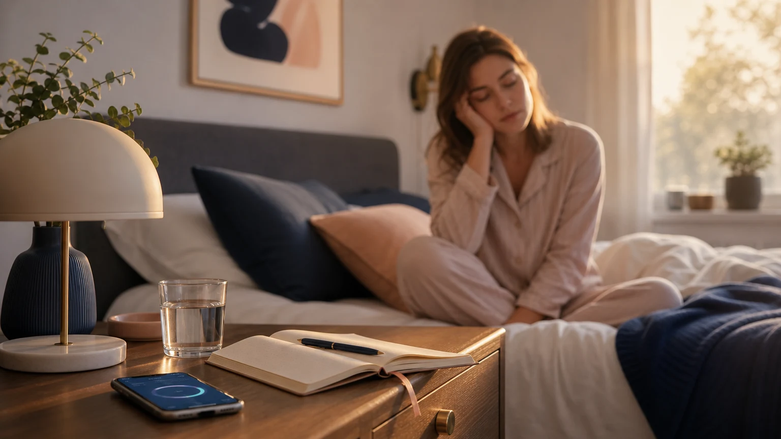 A tired person sitting on a bed beside a phone and sleep notes.